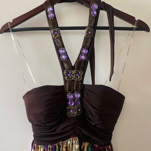 NWOT Y2K BOHO MIDI BEADED HALTER DRESS